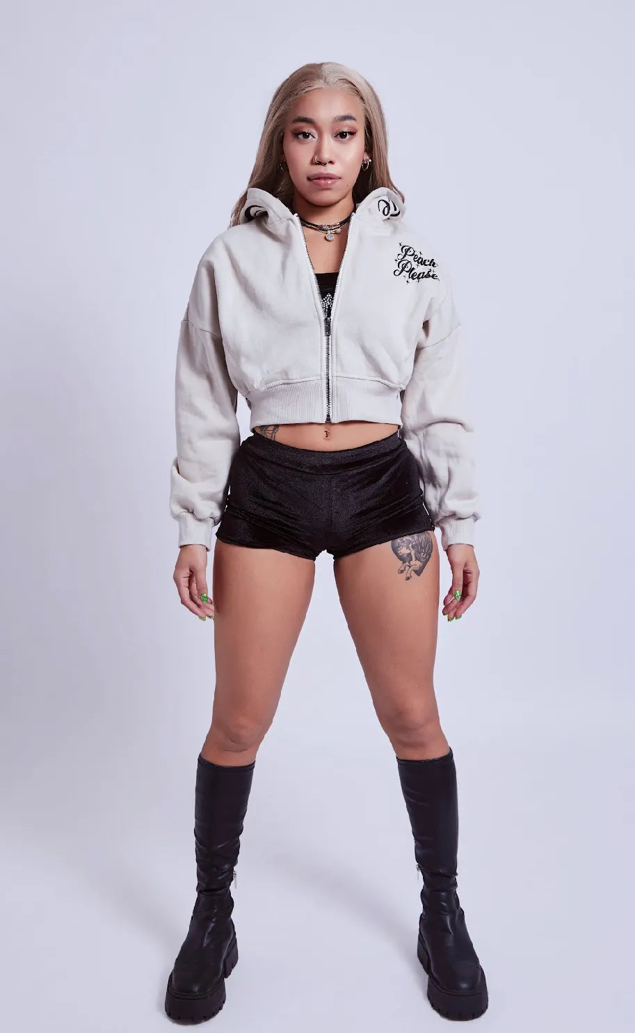 PeachBaddie Signature Jacket – Oat Milk with Black Embroidered