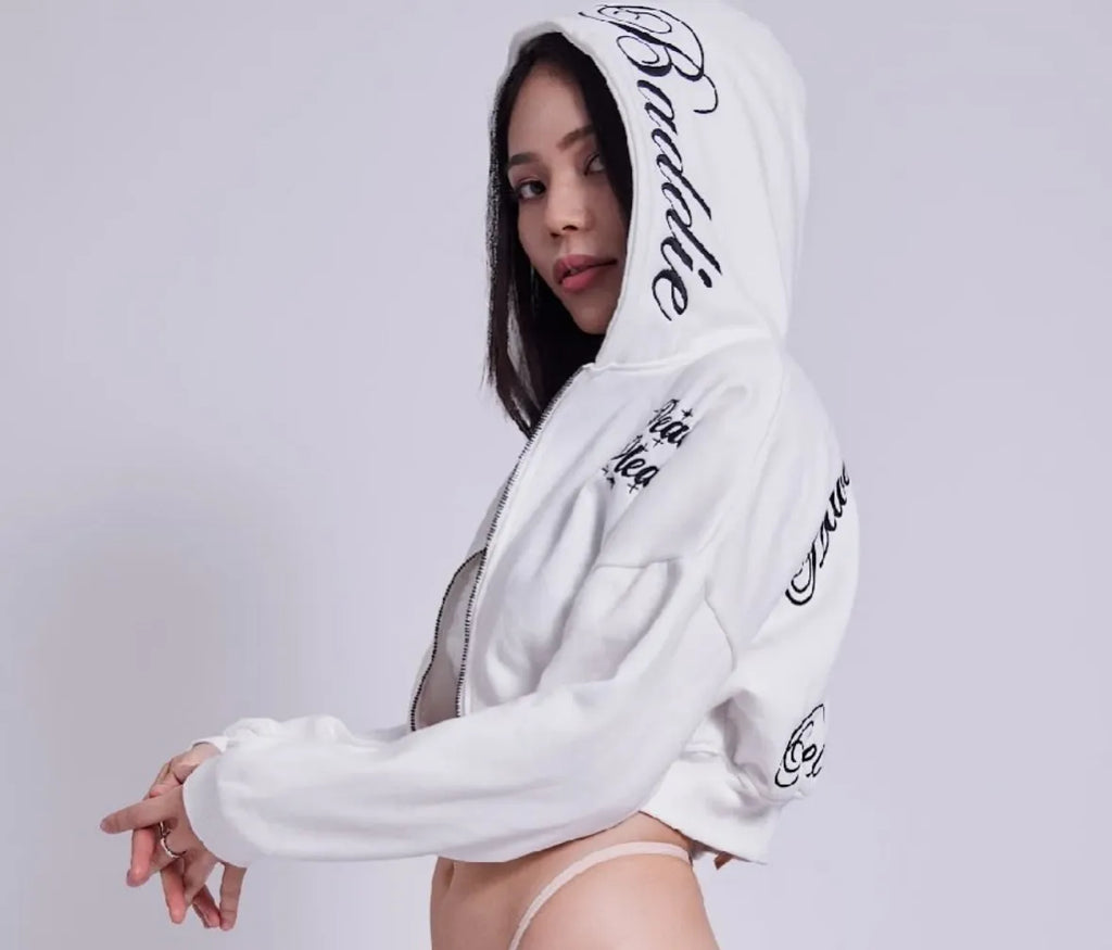 PeachBaddie Signature Jacket – Classic White with Black Embroidered